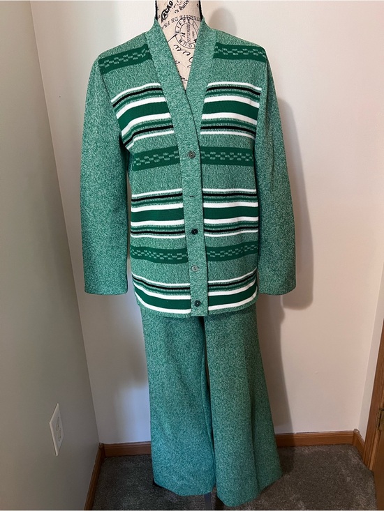 Vintage Pants - VTG 70s Miss Pernilla Green Knit Cardigan Pants Set 2pc Sporty Stripe 14
